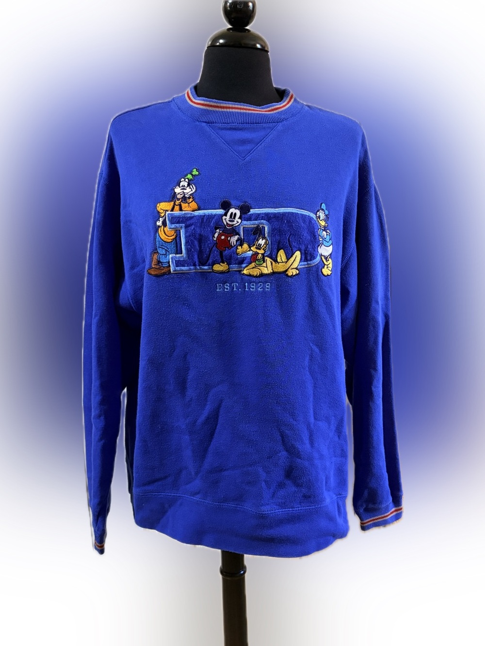 90’s Disney Bright Blue Crewneck Sweater with Embroidered Classic Characters